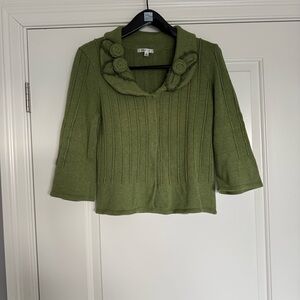 CAbi Olive Cardigan with Floral Accents